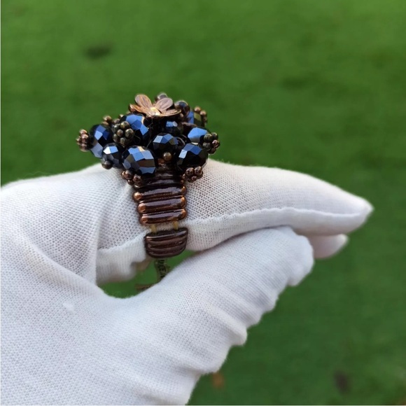 Chunky Stretchy Ring Metallic Black Charm Cluster Flower Beads Vintage Statement - Picture 5 of 15
